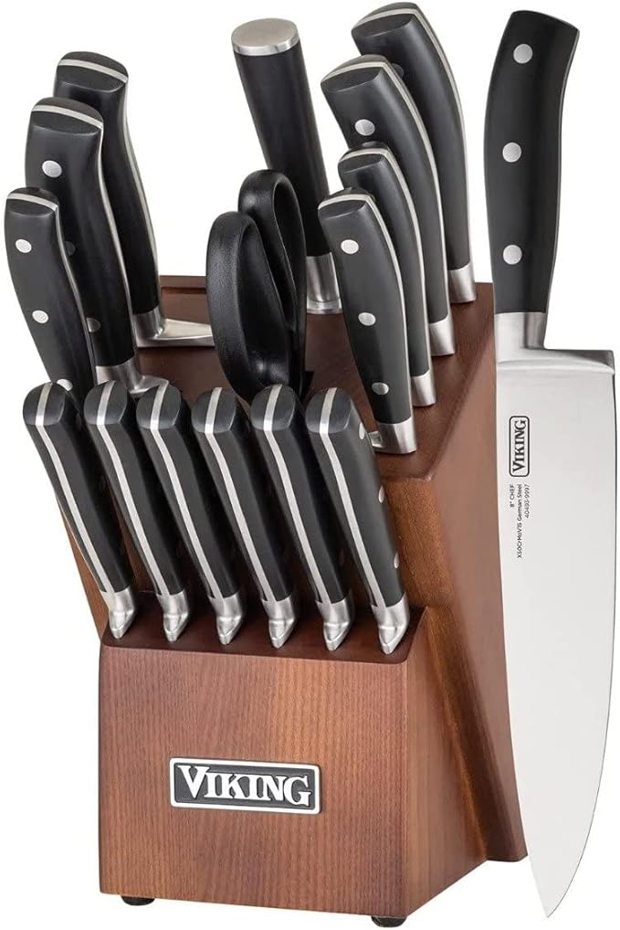 Viking 10 Piece Hard Anodized Nonstick Cookware Set with 17 Piece Cutlery Set with Light Walnut Color Block