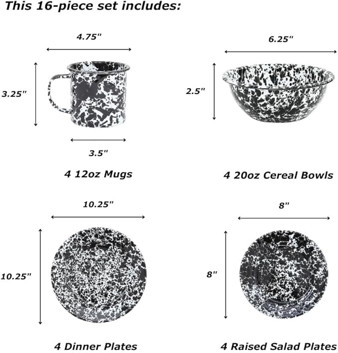 Enamelware Starter Set 16 piece Grey/White Splatter
