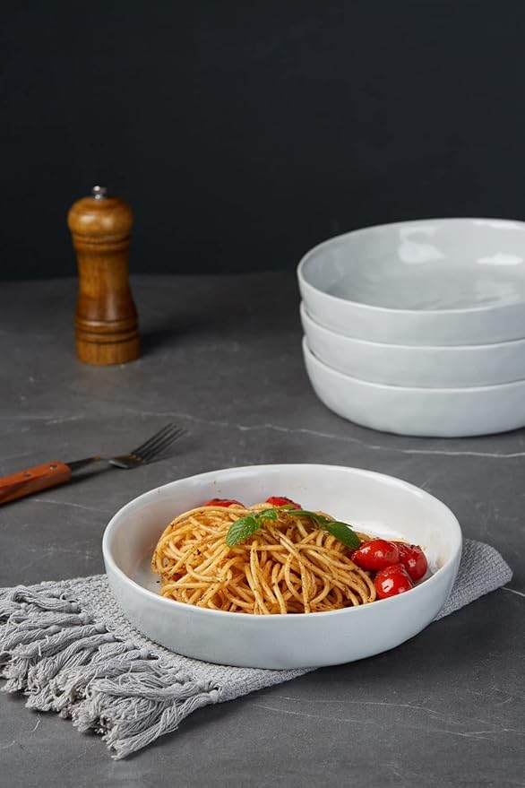 Famiware Mars 12-Piece Dinnerware Sets 4-Piece Pasta Bowls 4-Piece 14 oz Mug Set 20-Piece Stoneware Dinnerware Sets Light Gray