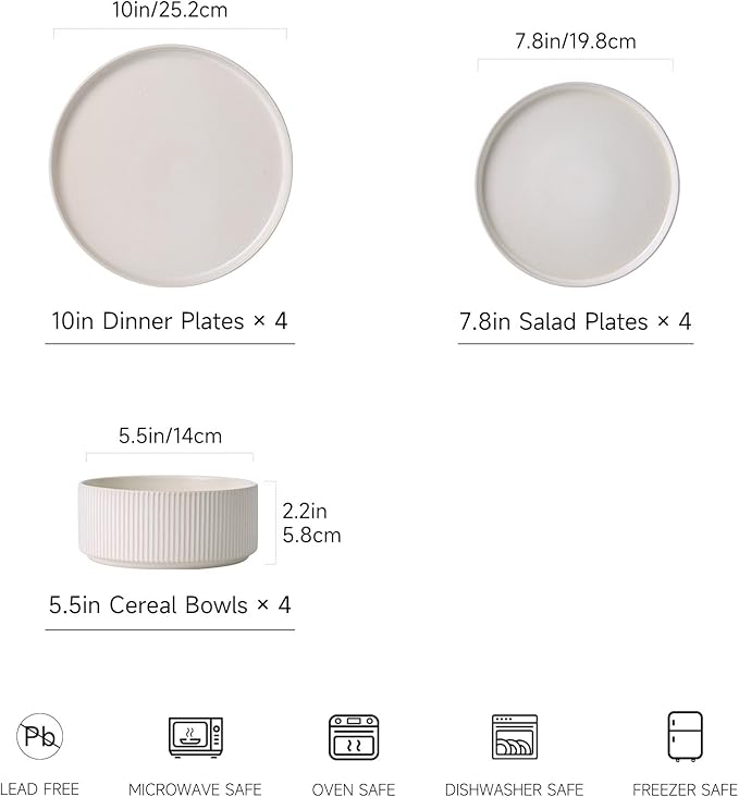 Dinnerware Set Service for 4 12-Piece Ceramic Plates and Bowls Set Chip &amp Scratch Resistant Microwave and Dishwasher Safe Modern Minimalist Tableware for Everyday Use Matte White