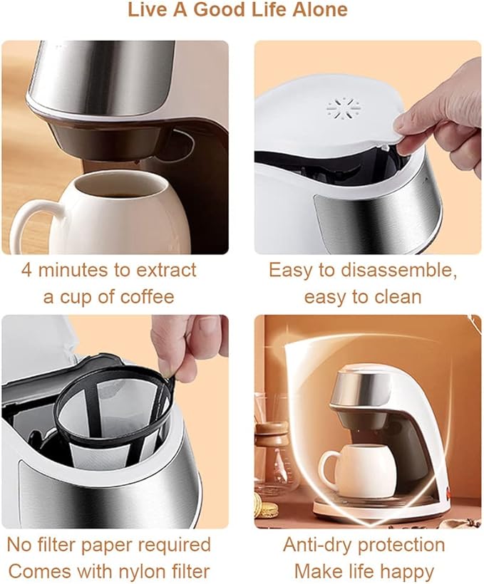 Electric Coffee Machine Automatic Dripping Home Office Multi-Function Single Cup Coffee Maker Brew Tea Coffee Powder 300ml Capacity Steam Extraction Anti-Dry Burn
