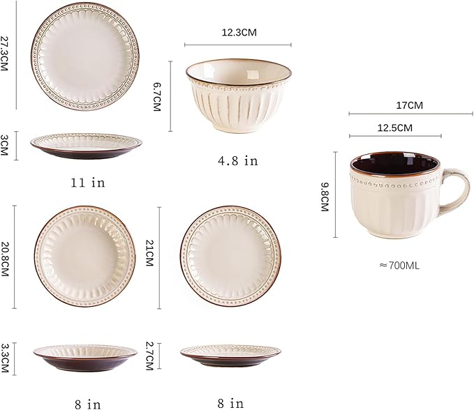 Vintage Ceramic Dinnerware Sets for 4 Farmhouse Style 20-Piece Plates and Mugs Beige Brown Rustic Embossed Stripe Design Dishwasher Microwave Safe