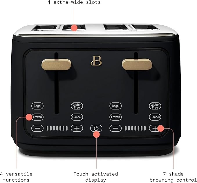 4 Slice Toaster with Touch Control Panel 1800W Fast Heating 7 Toast Shade Levels Extra Wide Slots for Bagels Removable Crumb Tray (Black Sesame)
