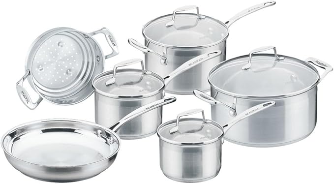 SCANPAN Impact 10-Piece Cookware Set - Includes 6 Total Pieces + 4 Lids - Made of Durable 18/10 Stainless Steel - Dishwasher &amp Oven Safe