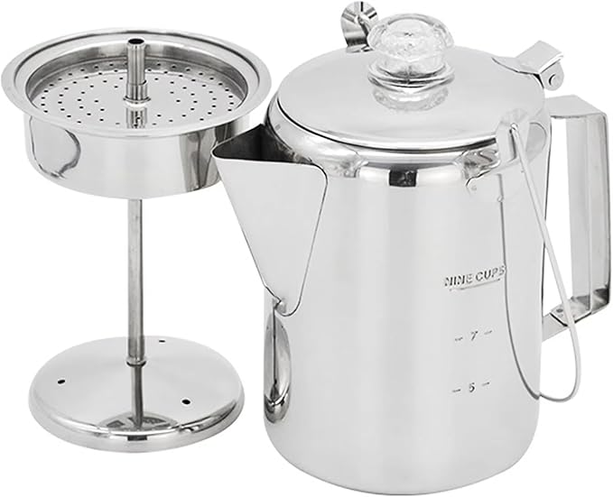 9 Cup Stainless Steel Percolator Large Capacity Coffee Pots Hinged Lid Coffee Maker for Camping and Home Kitchens Use