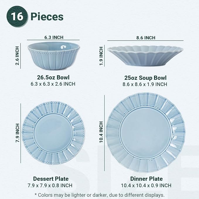 HOMBENE Dinnerware sets 16 Piece plates and bowls sets for 4 Ceramic dish set Porcelain dish set Farmhouse premium kitchen decor Microwavable safe Celestial Blue