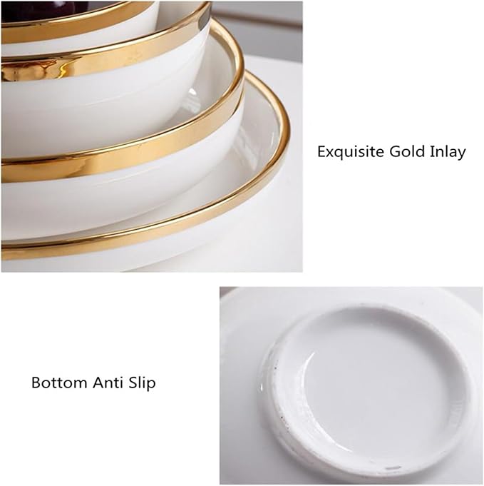 Gold and White Porcelain Dinnerware Set Ceramic Bowl and Plate Set for Household and Hotel Dining (Bright 6people Set)