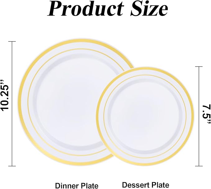BESTSTAR 100PCS White Plastic Plates Set with Gold Rim 50 10.25 inch Heavy Duty Dinner Plate and 50 7.5 inch Dessert Appetizer Plates Premium Disposable Plates for Party Wedding Birthday
