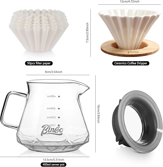 Bincoo 400ML Pour Over Coffee Maker Set with Filter PaperCeramic Pour Over Coffee Dripper 1-2 Cups-Professional Coffee Brewing Pot for Home Office(White)