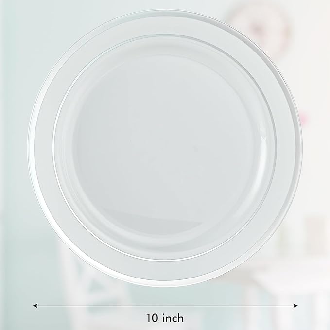 Vplus 100 Piece 10 Inch Silver Plastic Plates Disposable Heavy Duty White Elegant Durable Dinner Plastic Party Plates with Silver Rim Perfect for Party Christmas