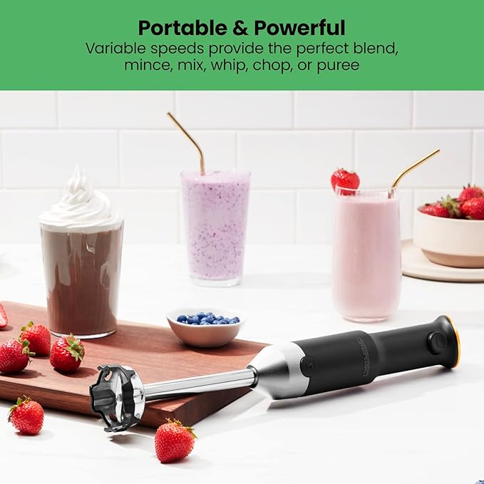 Chefman Cordless Power Portable Immersion Blender Ice Crushing Power with One-Touch Speed Control USB Charging Quickly Mixes Smoothies Purees Soups Dips Sauces Storage Case Stainless Steel