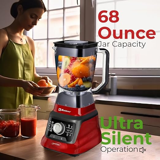 Koblenz Bob Countertop Blender 1400 Watt Stainless Steel Reversible Blade 6 Smart Programs Variable Speed &amp Pulse 68 oz Jar Personal Blender To-Go Cup Tamper Ultra-Quiet Black/Red LKM-96