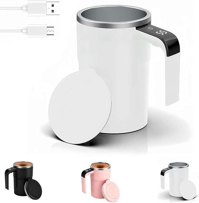 Self-Stirring Magnetic Coffee Cup with Temp Display 16oz/380ML Type-C Rechargeable Touch Lcd Display Safe &amp Food-Grade Easy to Clean (White1PCS)