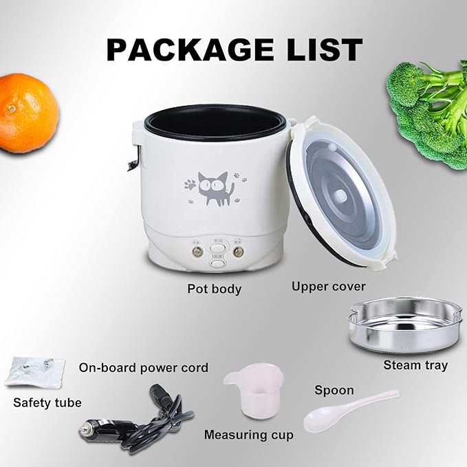Mini Rice Cooker Vehicle-Mounted Rice Cooker 12V Thermal Insulation and Protection Function 1L Portable Steamer Boiling Pot Portable Handle Outdoor Boiling Cooker Portable Cooker (White)