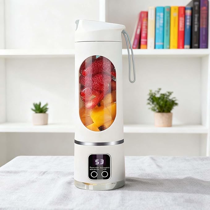 Portable Juicer USB Rechargeable 1500mah Battery 3 Speed Cooking Machine with Display 450ML Electric Juicer Easy Clean Design for Smoothies Ice Crushing Gym Fresh Fruit Juices (White)