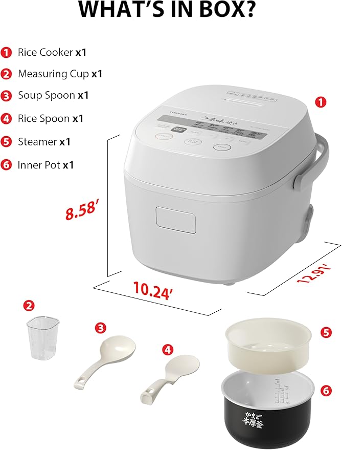 TOSHIBA OriginTaste Rice Cooker 5.5-Cup Uncooked Fuzzy Logic 15-in-1 Functions Digital Display Delay Timer Keep Warm Nonstick Inner Pot White