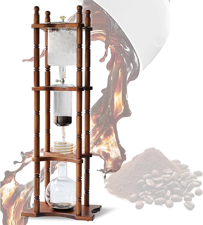 Tower Ice Coffee Maker Capacity Tea Tower Cold Brew Drip Tower with Adjustable Water Flow Slow Drip Cold Brew System Upgrade Your Office Brew with Vertical Style Glass Container - Brown