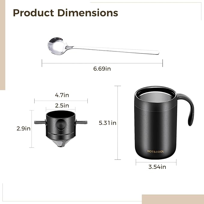 16 oz Camping Pour Over Coffee Maker Set Portable Coffee Kit with Foldable Stainless Steel Filter Insulated Mug and Spoon Coffee Dripper Set for Travel Backpacking Office Home