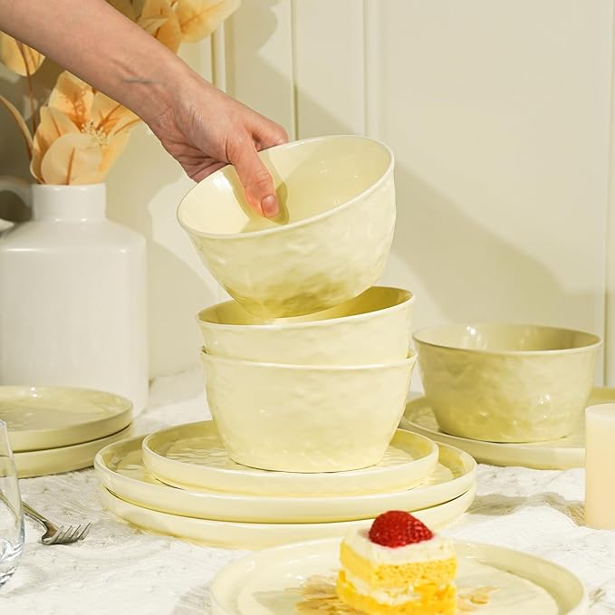 Plates and Bowls Sets 12 Pieces Ceramic Dinnerware Sets Highly Chip and Crack Resistant Service for 4 Cream