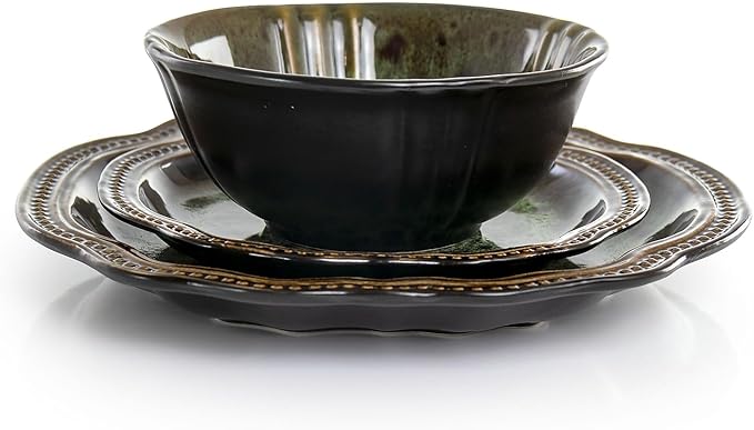 Elama Stoneware Round Oval Dinnerware Dish Set Jade Green