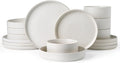Famiware Star Dinnerware Set with Pasta Bowls Service for 4 (16pcs) Ribbed Stoneware Plates and Double Bowls Dishes Sets - Chip &amp Scratch Resistant Microwave &amp Dishwasher Safe Matte White