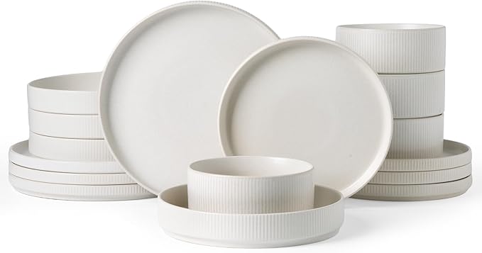 Famiware Star Dinnerware Set with Pasta Bowls Service for 4 (16pcs) Ribbed Stoneware Plates and Double Bowls Dishes Sets - Chip &amp Scratch Resistant Microwave &amp Dishwasher Safe Matte White