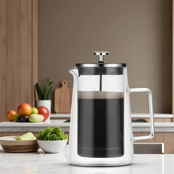 French Press Coffee Maker 34Oz (1 Liter) DoubleWall Insulated Borosilicate Glass Heat-Resistant Design Stainless Steel Filter for Coffee Tea &amp Cold Brew
