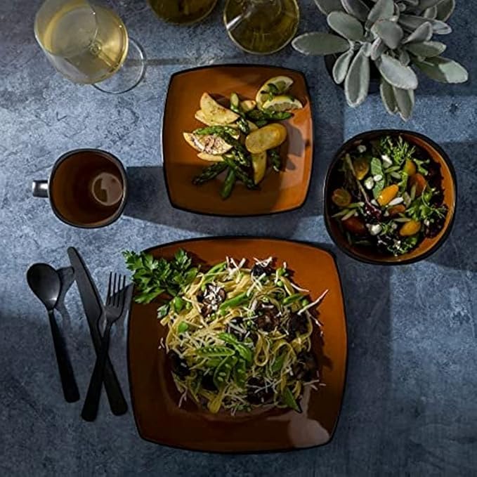 16 Piece Square Two-Tone Stoneware Dinnerware Set For 4 | Reactive Glaze FinishDishwasher &amp Microwave Safe Expertly Crafted | Perfect for Kitchen Dining Black Orangish Shade Modern Appearance