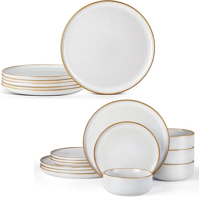 E-far Plates and Bowls Set for 4 and 10.5” Ceramic Dinner Plates Set of 6 Bundle 12-Piece Stoneware Dinnerware Sets Large Reactive Glaze Stoneware Dishes Microwave &amp Dishwasher Safe