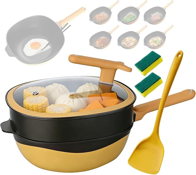 Titanium Alloy Non-Stick Pot with Lid Titanium Cookware Set with Lids Frying Pans with Ergonomic Stay-Cool Handles for Cooking Frying Baking Titanium Cooking PanYellow32cm