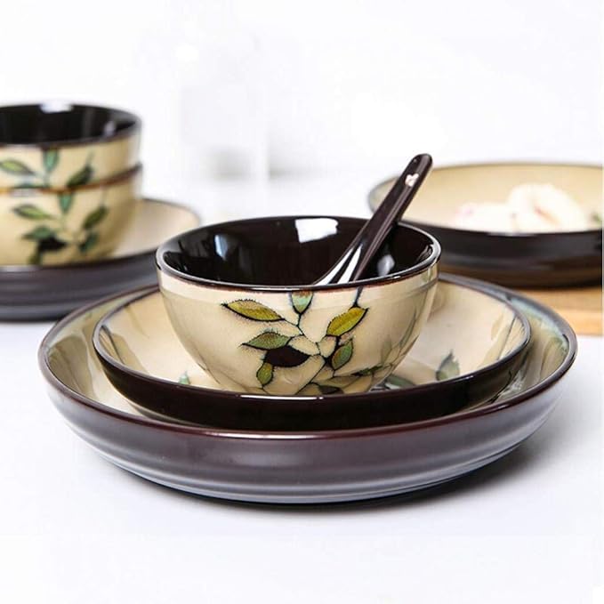 18 Pieces Ceramics Plates Bowls Combination Porcelain Flower Pattern Dinner Sets