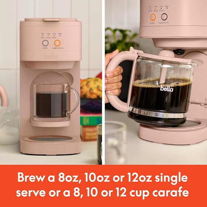 BELLA VersaBrew 2-in1 Coffee Maker K-Cup compatible Brew 3 Sizes Carafes &amp Single Serve Cups Dishwasher Safe Reusable Filter &amp Filter Holder Iced Coffee Function 60oz Tank Blossom