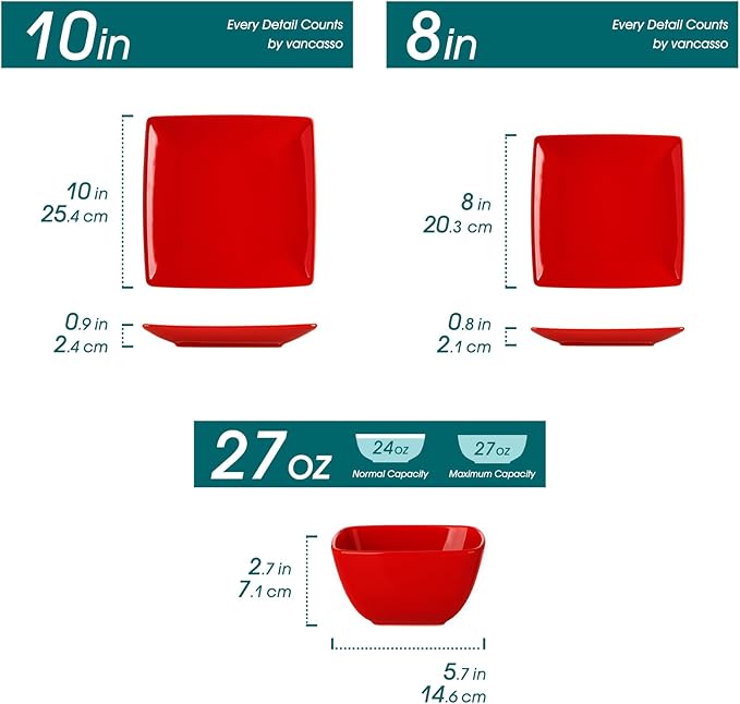 vancasso Soho Dinnerware Sets 12 Pieces Red Stoneware Square Place Setting Dinner Plate Plates and Bowls Sets Dishes Service for 4