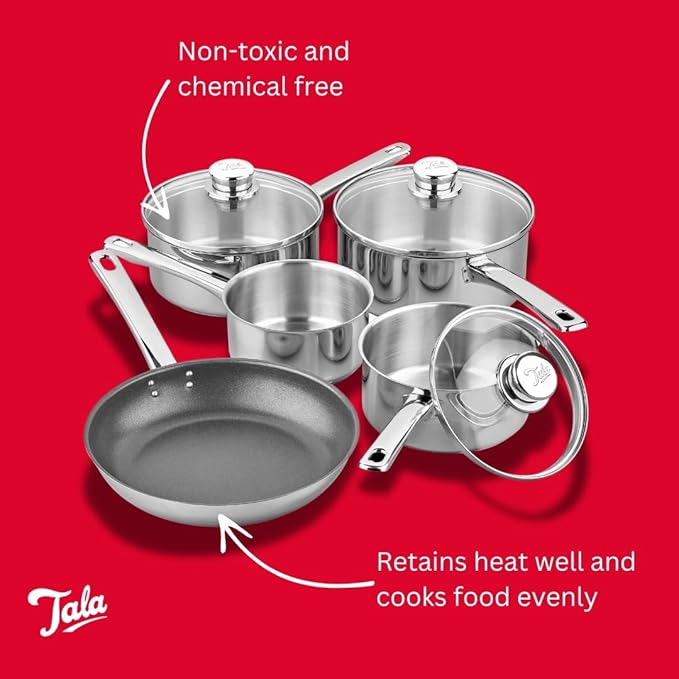 Tala Performance 5 Pc Stainless Steel Cookware Set containing Saucepans Glass lids 16 18 and 20cm. 14cm Milk pan 24cm Non-Stick Fry Pan 5 Pc Set Polished Mirror Shine Finish