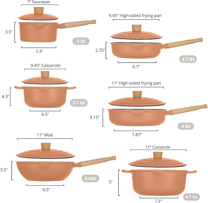 12Pcs Pots and Pans set Nonstick Cookware set Die-cast Aluminum cookware Kitchen Induction Pots and Pans cooking set Lid design PFOA-free Orange Pink (Pink)