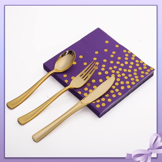 175Pcs Purple and Gold Party Decorations Purple Plates and Cups and Napkins Sets Gold Disposable Plates for Birthday Wedding Party Supplies Serves 25