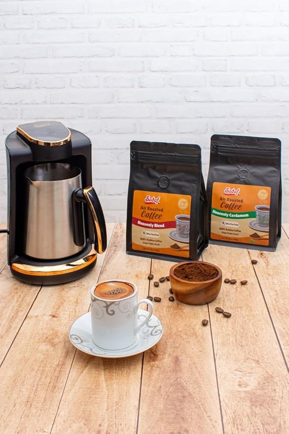 Sadaf Mediterranean Bundle – One-Touch Electric Turkish Coffee Maker + Air Roasted Cardamom Ground &amp Colombian Whole Bean Coffees – Authentic Middle Eastern Experience