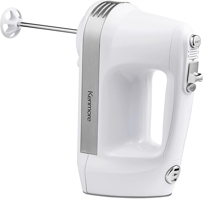 Kenmore 5-Speed Hand Mixer/Blender 250 Watts with Beaters Dough Hooks Liquid Blending Rod Automatic Cord Retract Burst Control and Clip-On Accessory Storage