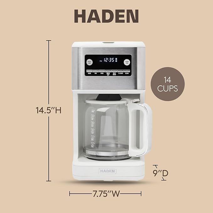 HADEN Generous Brew 14 Cup Coffee Maker with 120 Minute Keep Warm Delay Brew Adjustable Strength Programmable Clock and Anti Drip Ivory/Chrome