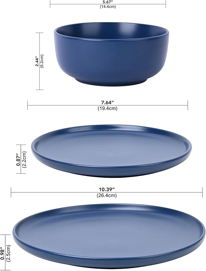 12-Piece Stoneware Dinnerware Set Blue Service for 4 Microwave &amp Dishwasher Safe Ceramic Plates and Bowls Set Durable Everyday Dishes for Home Kitchen