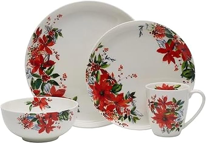 Mikasa Winter Poinsettia Holiday Bone China Lightweight Chip Resistant Dinnerware Set Service for 4