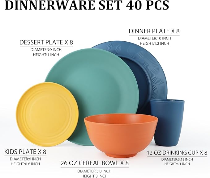 Wheat Straw Dinnerware Set 40 PCS - Service for 8 | Plates and Bowls Sets | Unbreakable Dishes Set - Dinner Plates Dessert Plate Cereal Bowls Drinking Glasses Dishwasher Safe - Multi