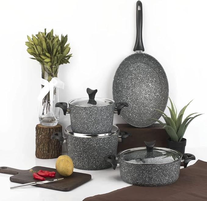 7 Piece Granite Cookware Set Gray Pan Kitchen Utensil Useful Non-Stick Pan Cookware Set