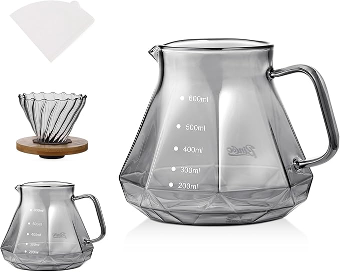 Bincoo Pour Over Coffee Maker Set - Borosilicate Glass Dripper with Walnut Handle &amp Glass Lid 50 pcs Paper Filters Included - 600ml Pour Over Coffee Dripper for Home Café &amp Camping (Dark Gr