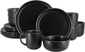 16 Piece White Stoneware Dinnerware Set – Microwave &amp Dishwasher Safe Plates Bowls and Mugs for 4 (Black)