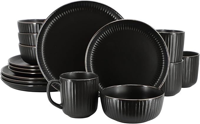 16 Piece White Stoneware Dinnerware Set – Microwave &amp Dishwasher Safe Plates Bowls and Mugs for 4 (Black)