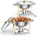 Commercial 5QT Round Chafing Dish Buffet Set – 2-Pack Stainless Steel Food Warmers with Glass Lid Holder Spoon &amp Tweezer – Gold Perfect for Catering Banquets Weddings – 2-piece Set