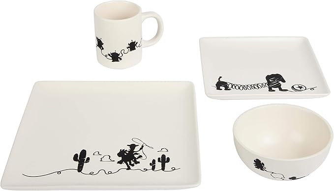 Toy Story 4-Piece Ceramic Dinnerware Set With Scribble Design - Cute Character Line Drawings - Beautiful Glazed White Square Dinner &amp Salad Plates With 16 Oz. Bowl &amp 11 Oz. Mug Place Setting
