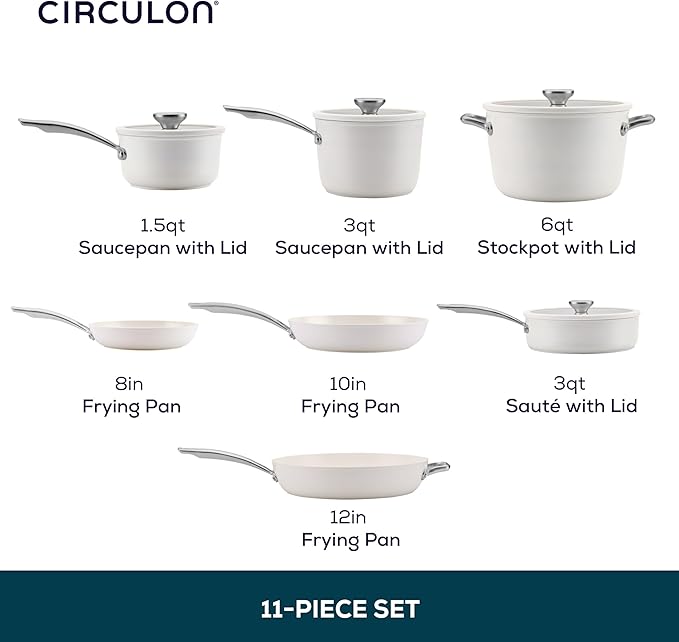 Circulon Halo with LaserDefense Ceramic Nonstick Pots and Pans with Lids Compatible with All Stovetops Made without PFAS Dishwasher and Oven Safe 11 Piece Cookware Set - Pearl White