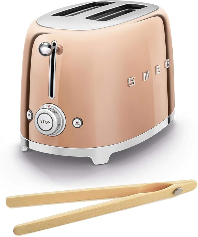 Smeg TSF01RGUS 50's Retro Style Toaster Bundle with Bamboo Tongs - (Rose Gold) 2 Slice